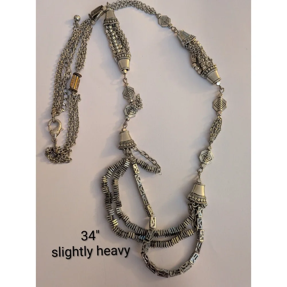 Boho Antiqued Silver Tone Multi Strand Geometric Statement Necklace 34 Inch Long